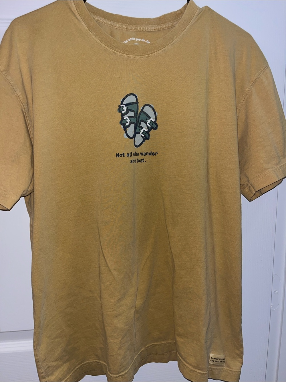 Life Is Good Mustard Yellow Graphic Tee with Green Sandal Motif